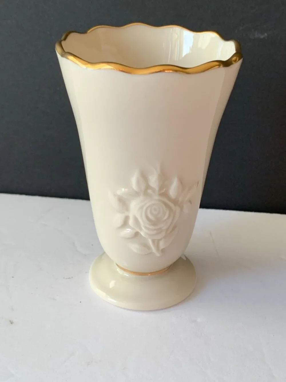 Vintage Lenox Rose Bud Vase Ivory Porcelain 24K Gold Trim Embossed Rose